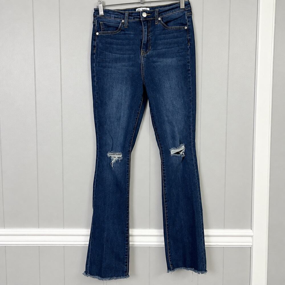 PTCL Women’s 29 Distressed High Rise Bootcut Jeans Dark Wash Raw Hem
